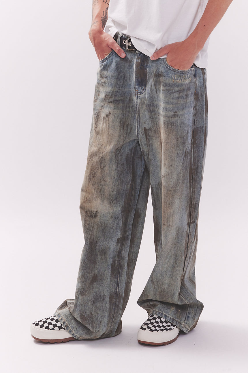 Vintage Mud Washed Wide Denim Pants