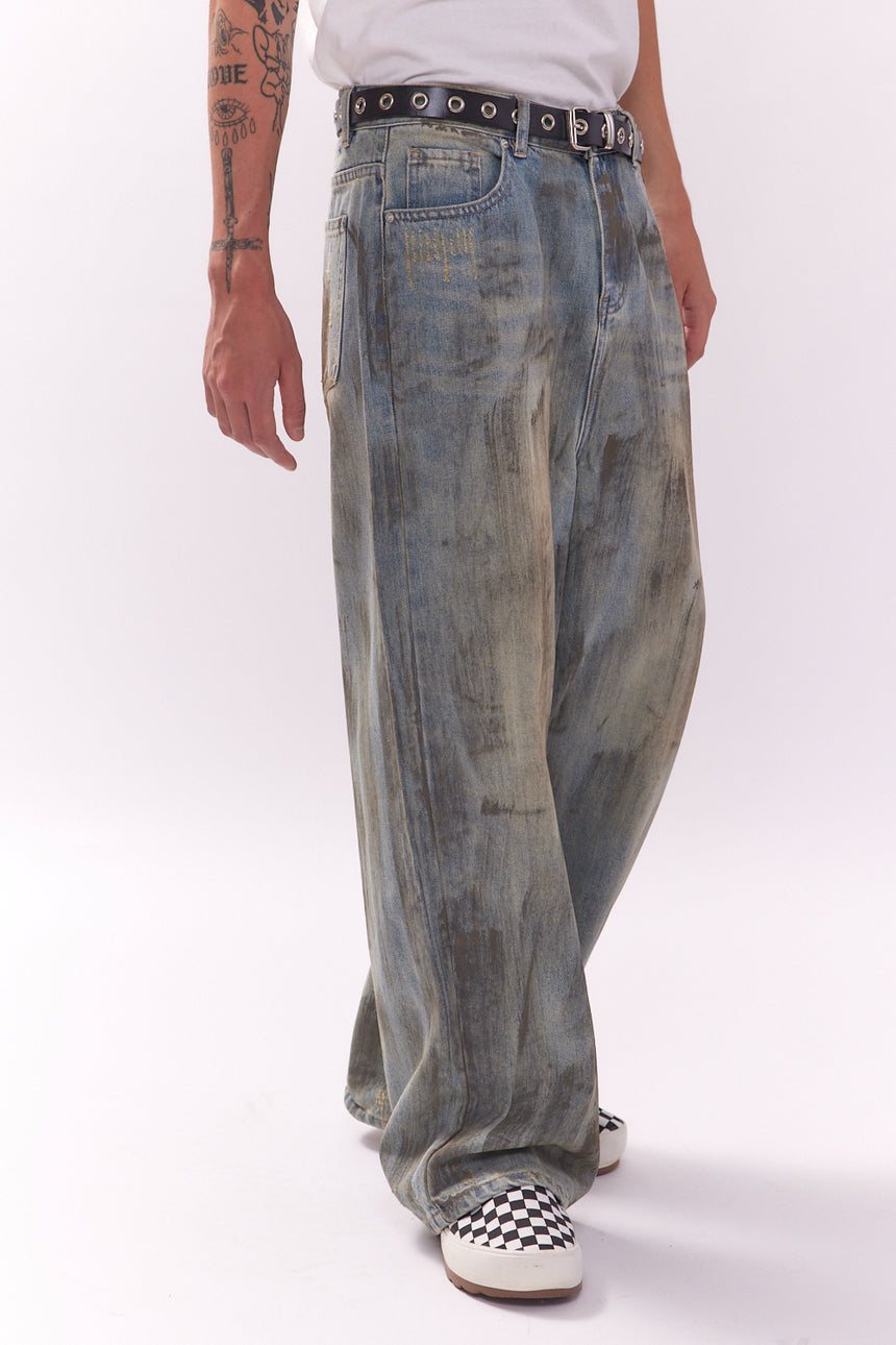 Vintage Mud Washed Wide Denim Pants