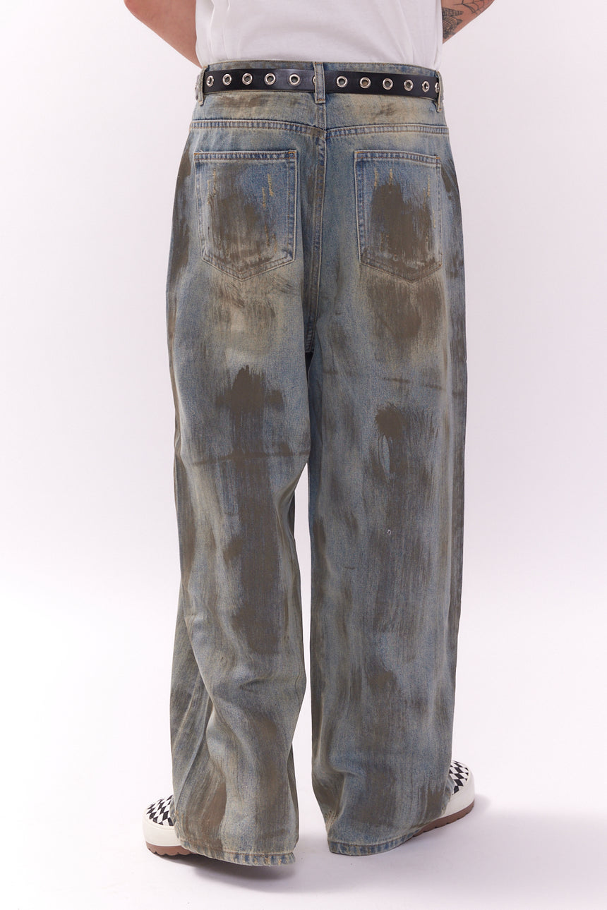 Vintage Mud Washed Wide Denim Pants