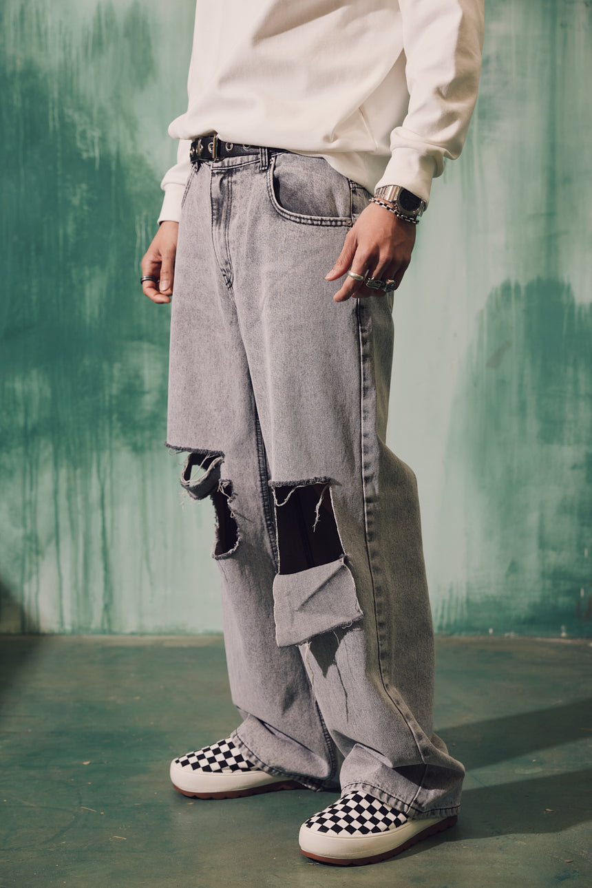 Distress Slit Washed Wide Pants