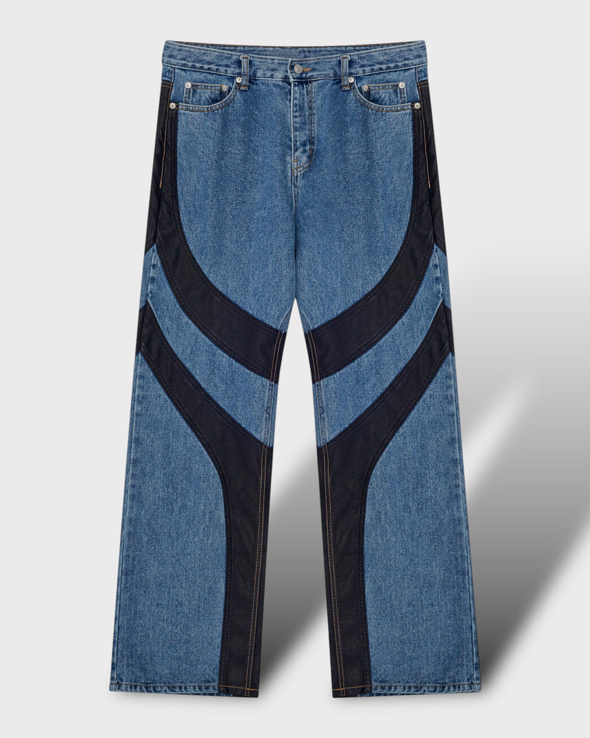 Leather Wave Panel Wide Denim Pants