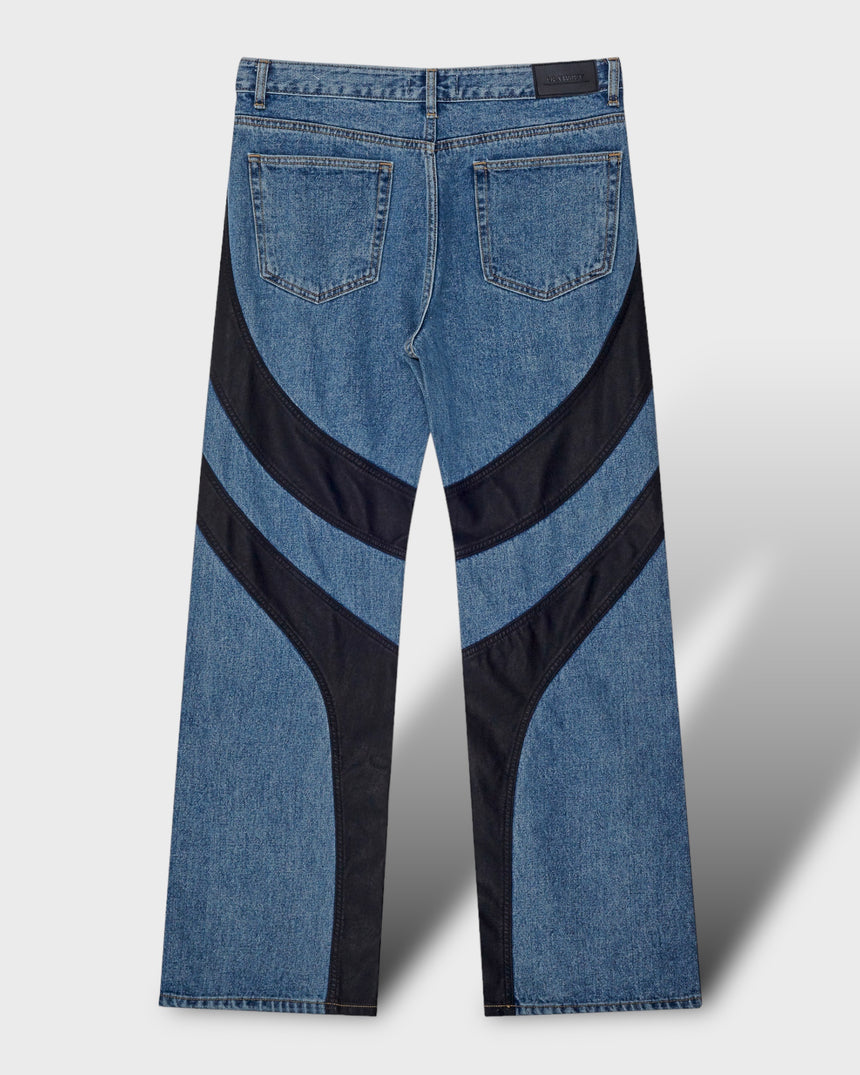 Leather Wave Panel Wide Denim Pants