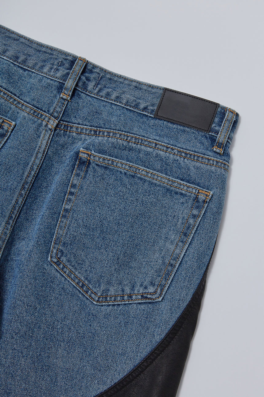 Leather Wave Panel Wide Denim Pants