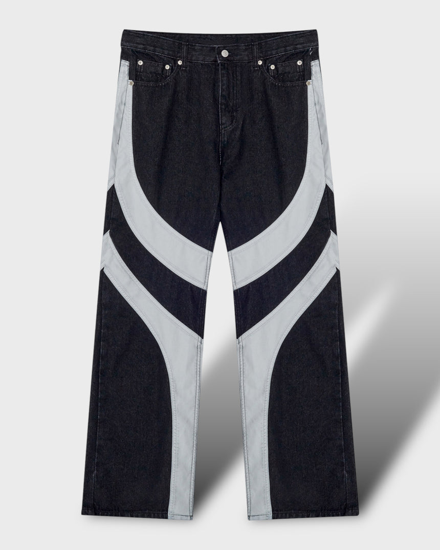 Leather Wave Panel Wide Denim Pants