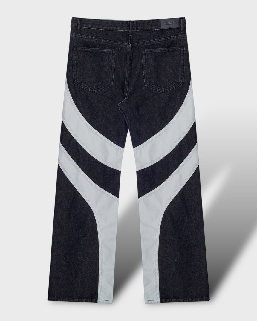 Leather Wave Panel Wide Denim Pants