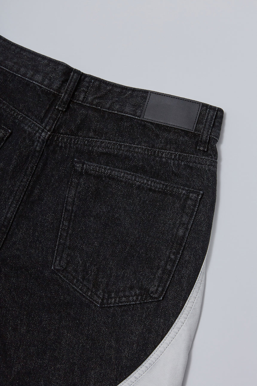 Leather Wave Panel Wide Denim Pants