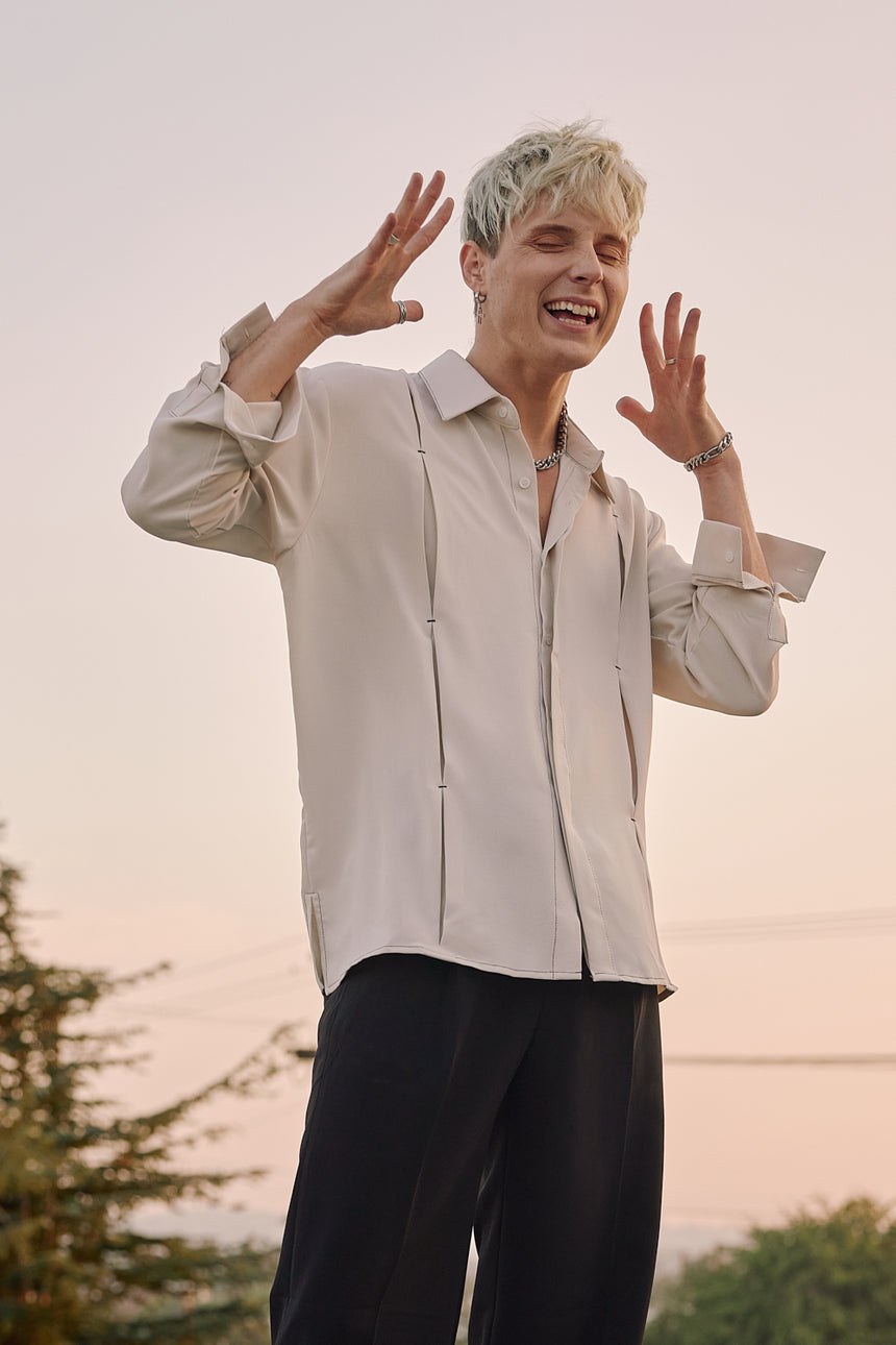 Pintuck Stitched Silky Collared Shirts
