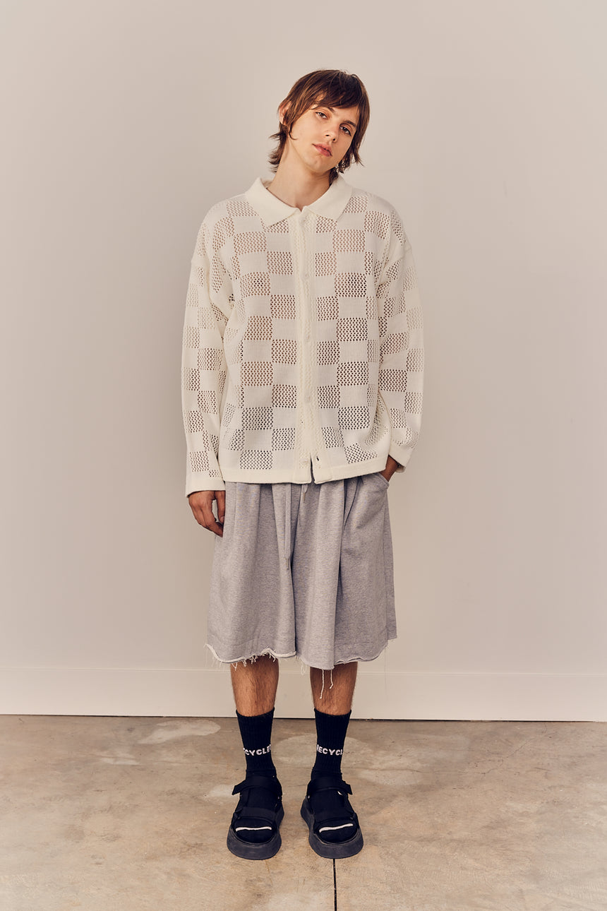Checkered Knit Mesh Button Up Cardigan
