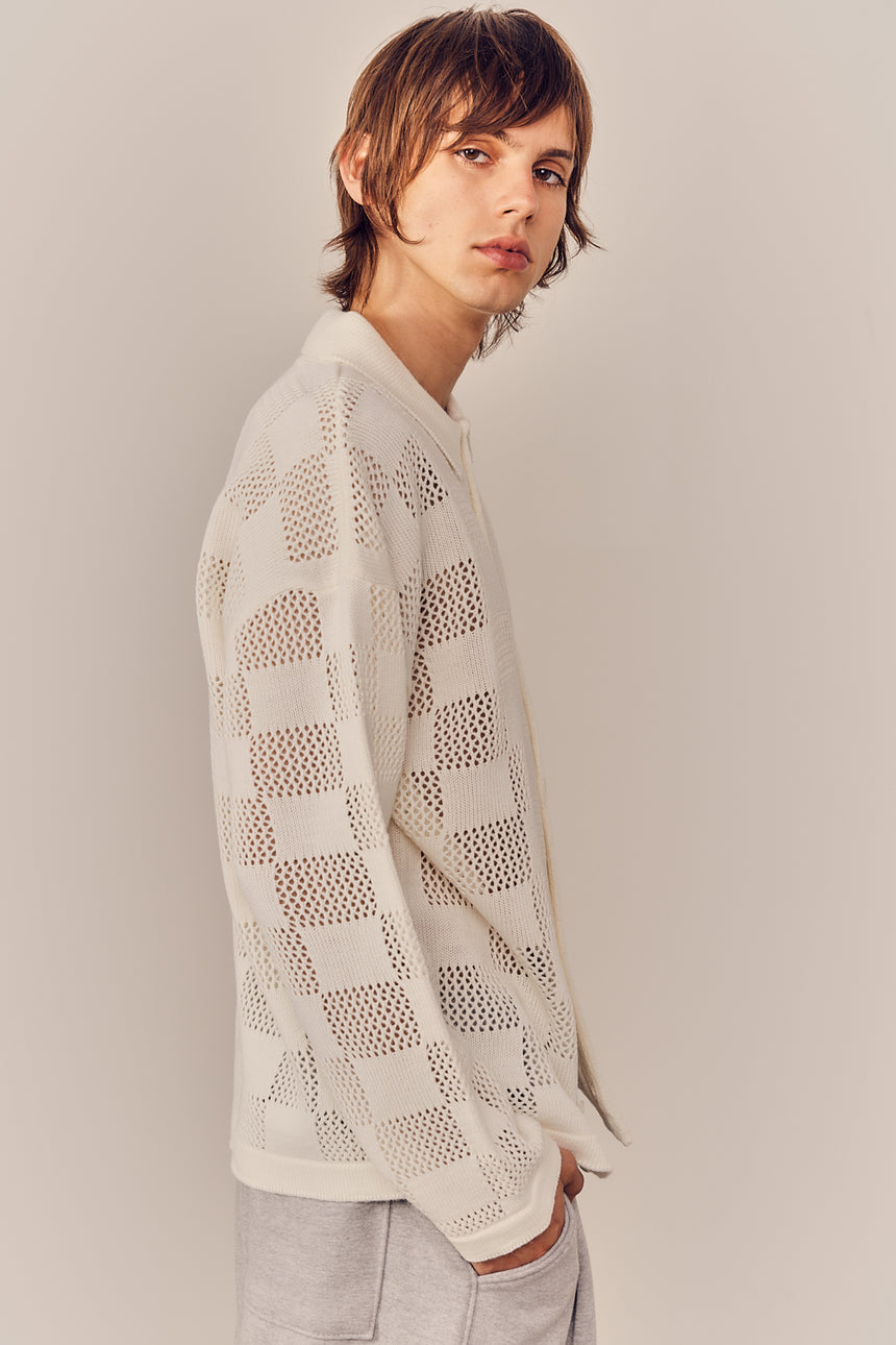 Checkered Knit Mesh Button Up Cardigan
