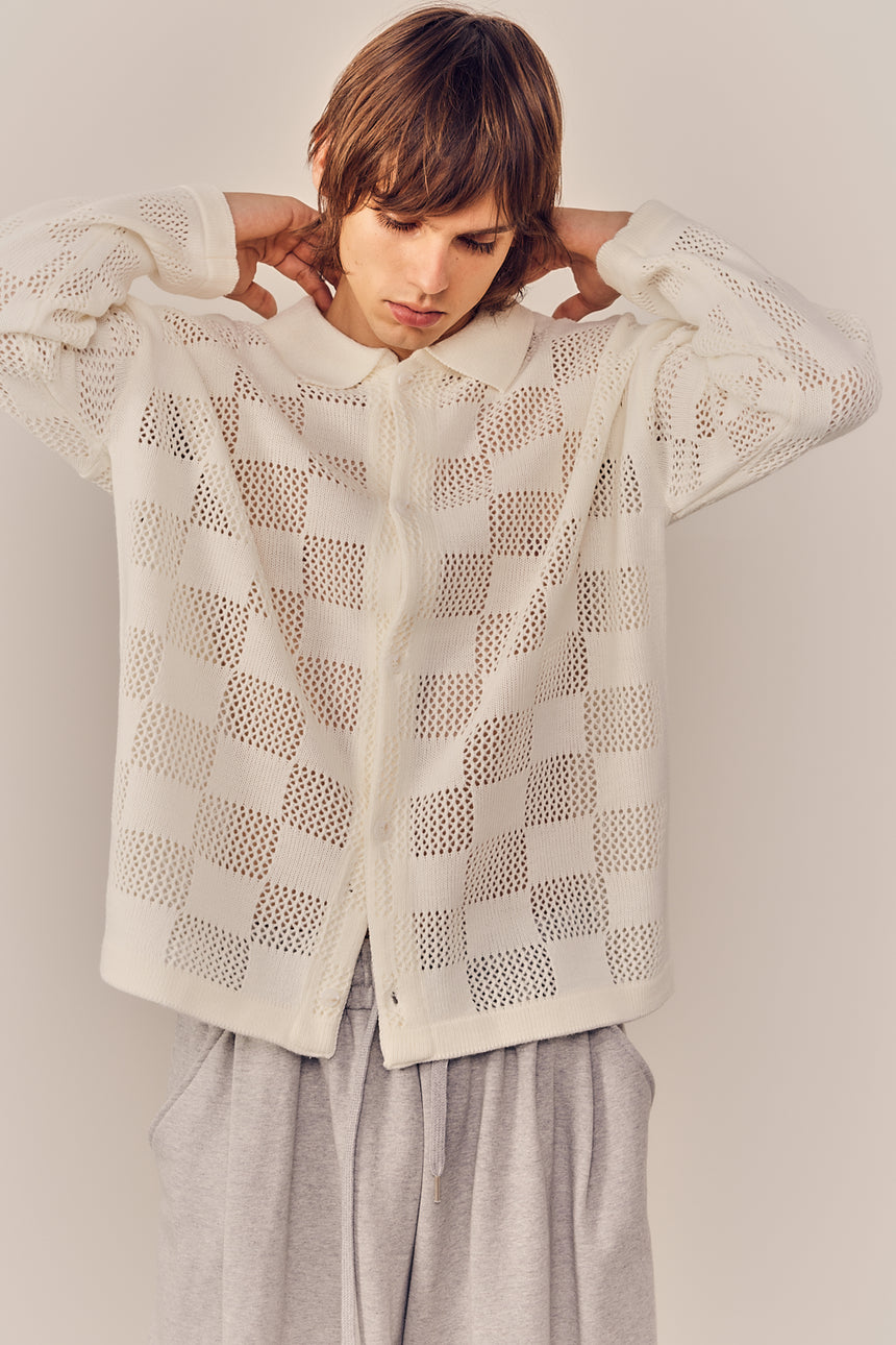 Checkered Knit Mesh Button Up Cardigan