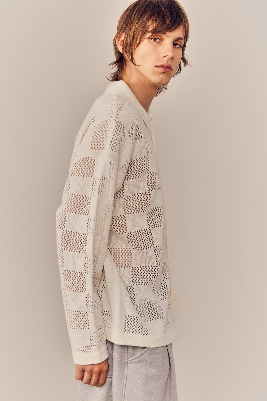 Checkered Knit Mesh Button Up Cardigan