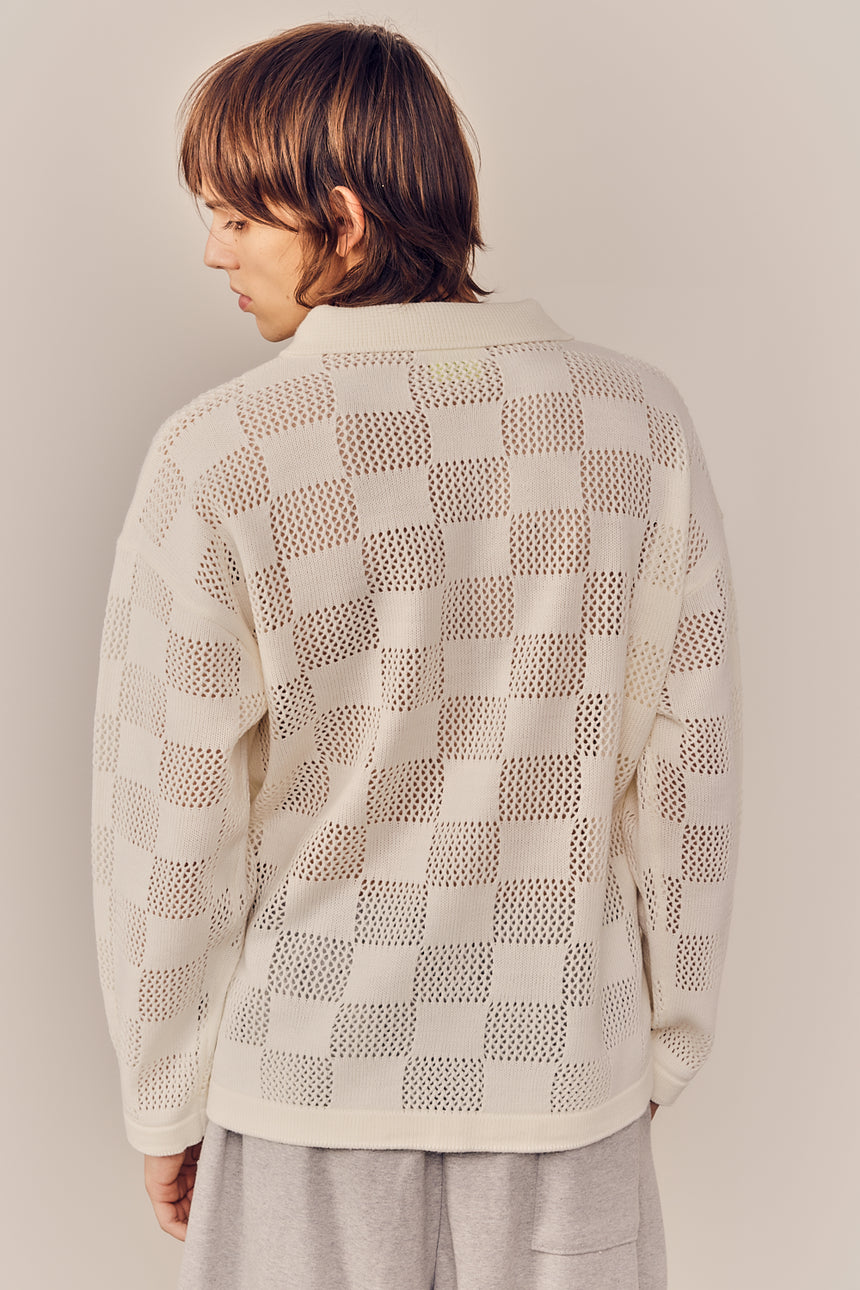Checkered Knit Mesh Button Up Cardigan