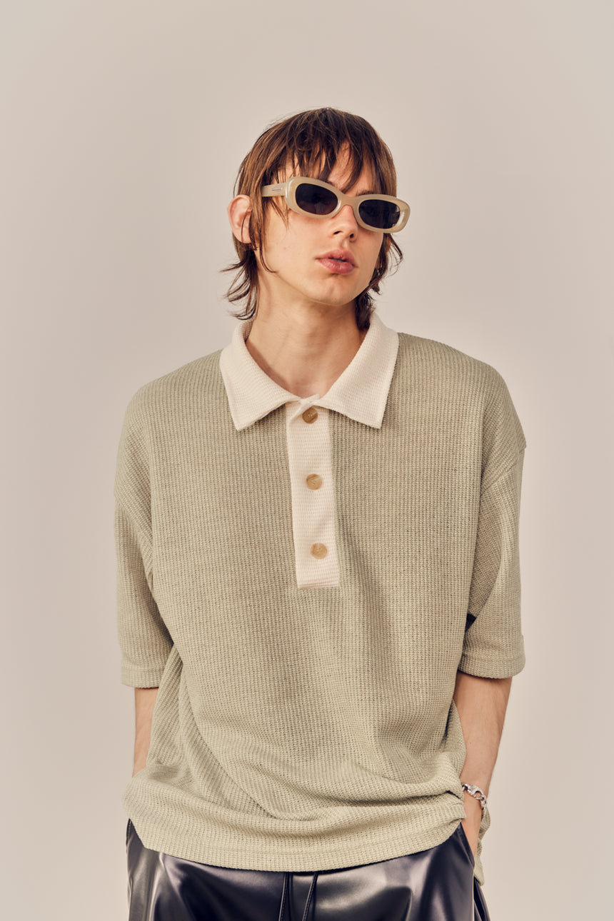 Collar Contrast Polo Knit Top
