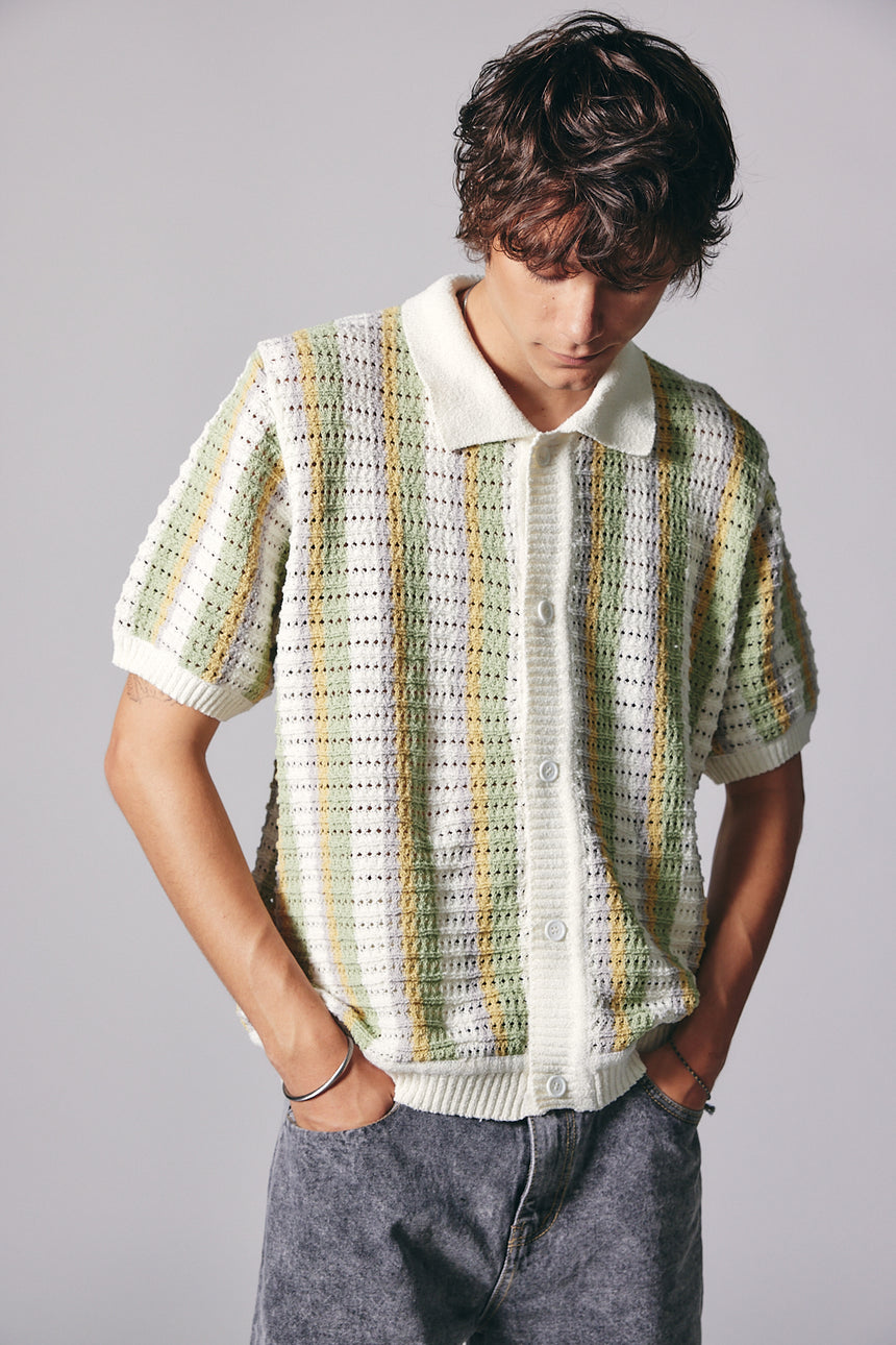 Linen Striped Polo Knit Cardigan