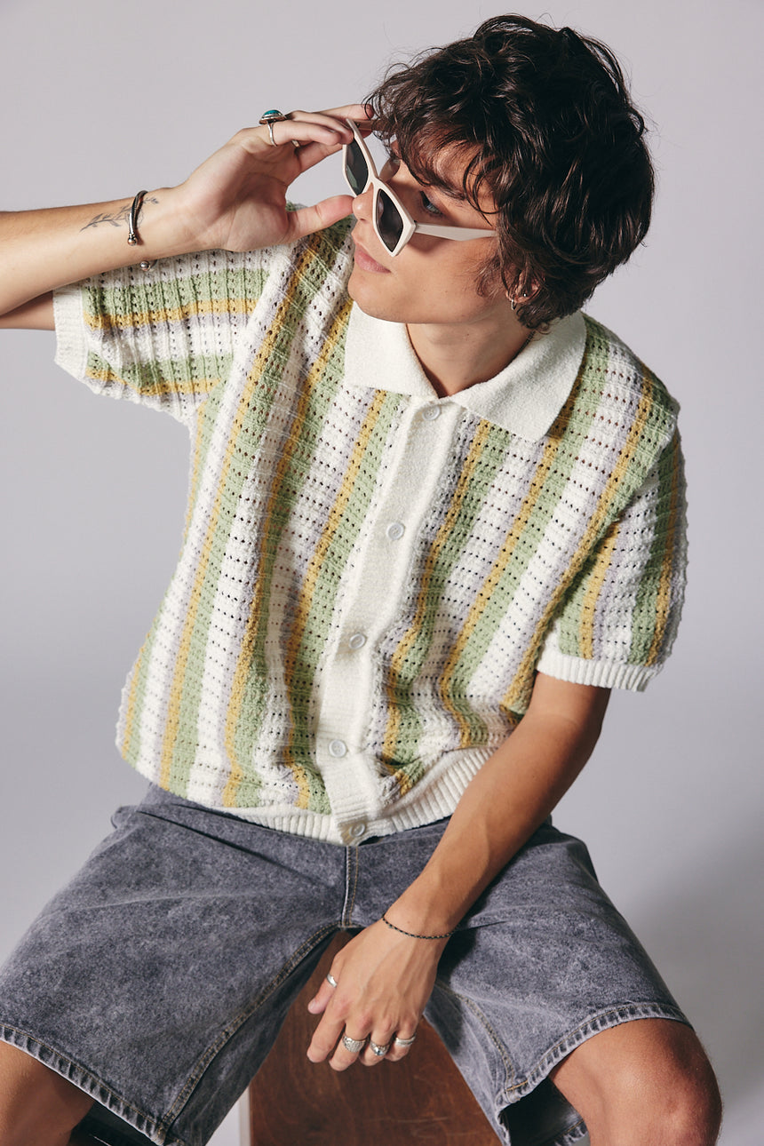 Linen Striped Polo Knit Cardigan