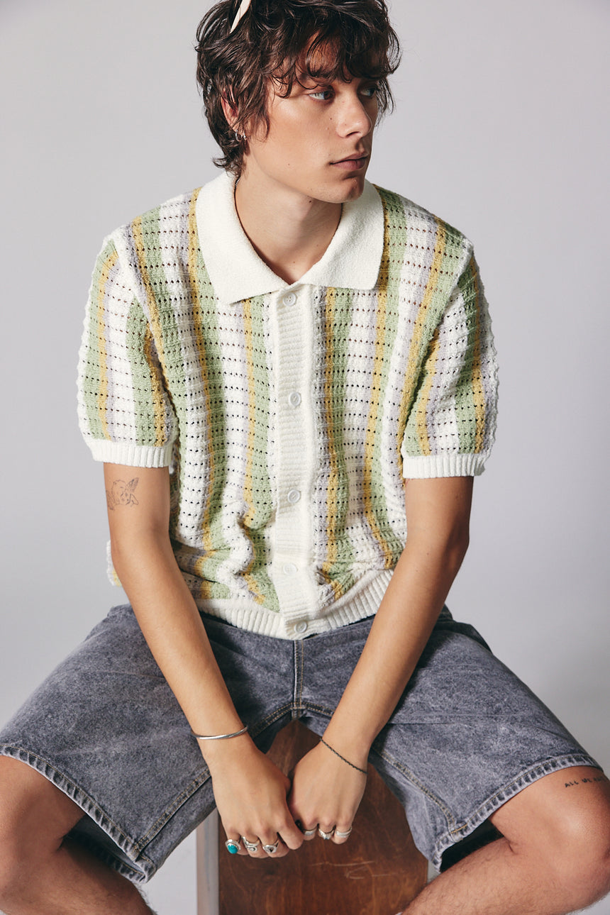 Linen Striped Polo Knit Cardigan