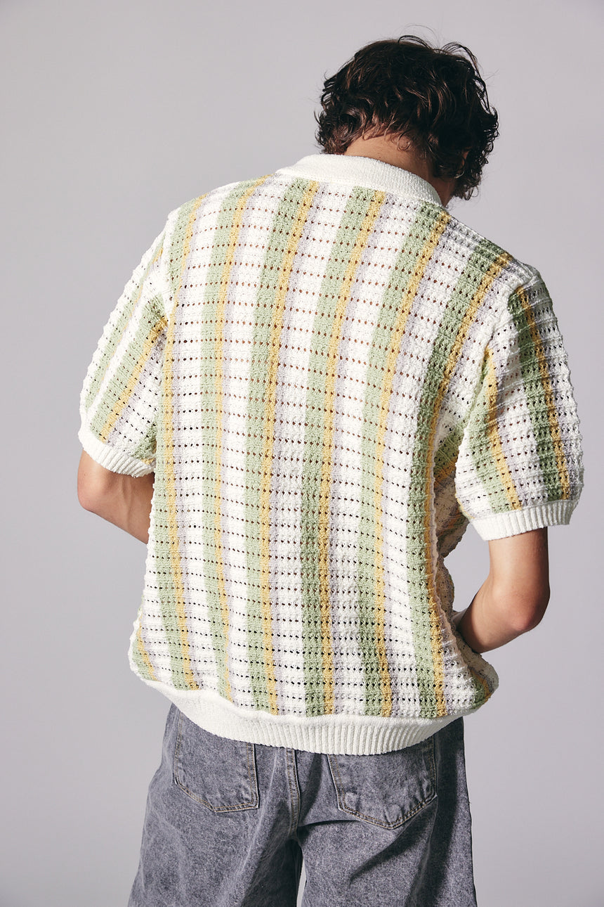 Linen Striped Polo Knit Cardigan
