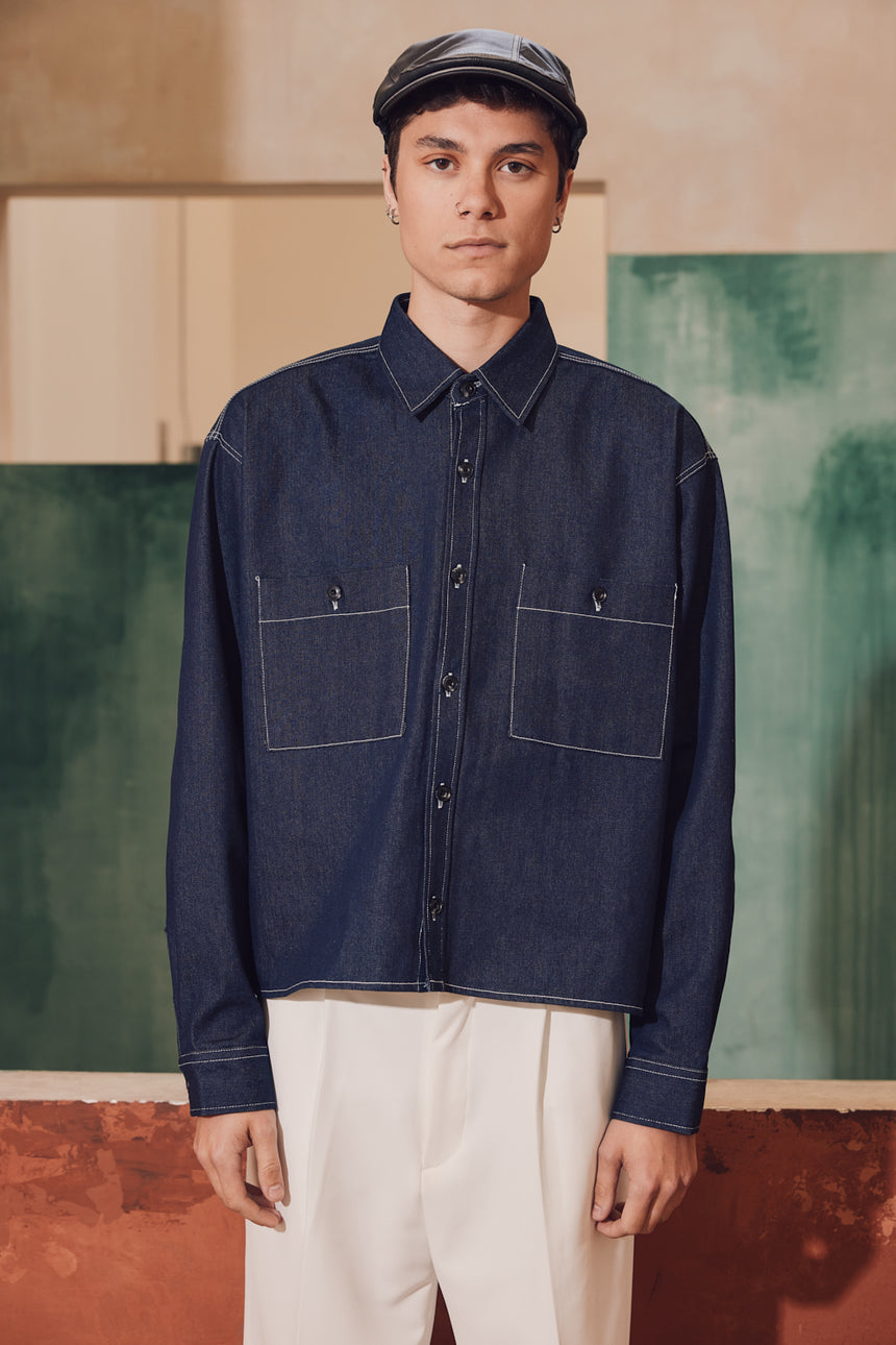 Stitched Denim Crop Shirt-Jacket