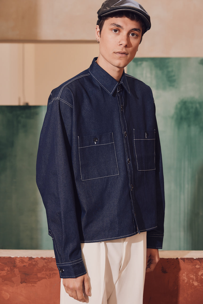 Stitched Denim Crop Shirt-Jacket