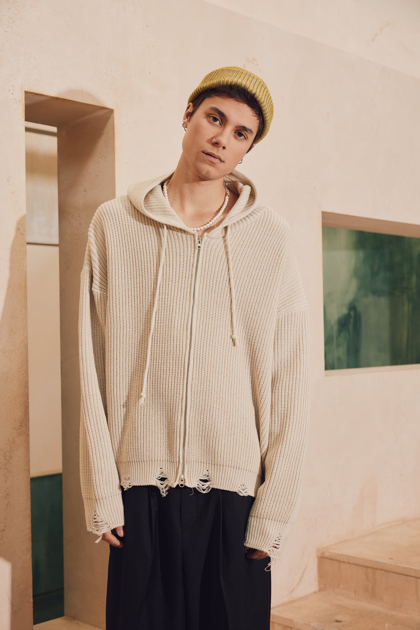 Distressed Heavy Knit Zip- Up Hoodie