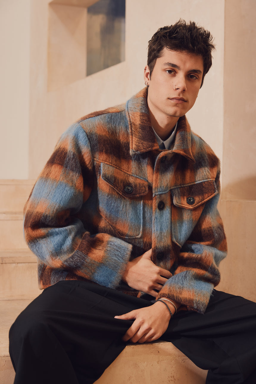 Plaid Brushed Mohair Padded Jacket