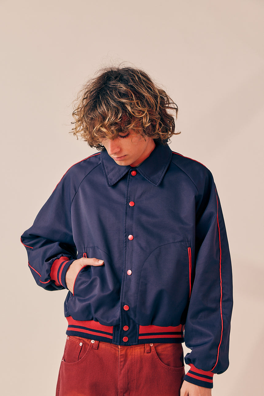 Piping Contrast Collared Varsity Jacket