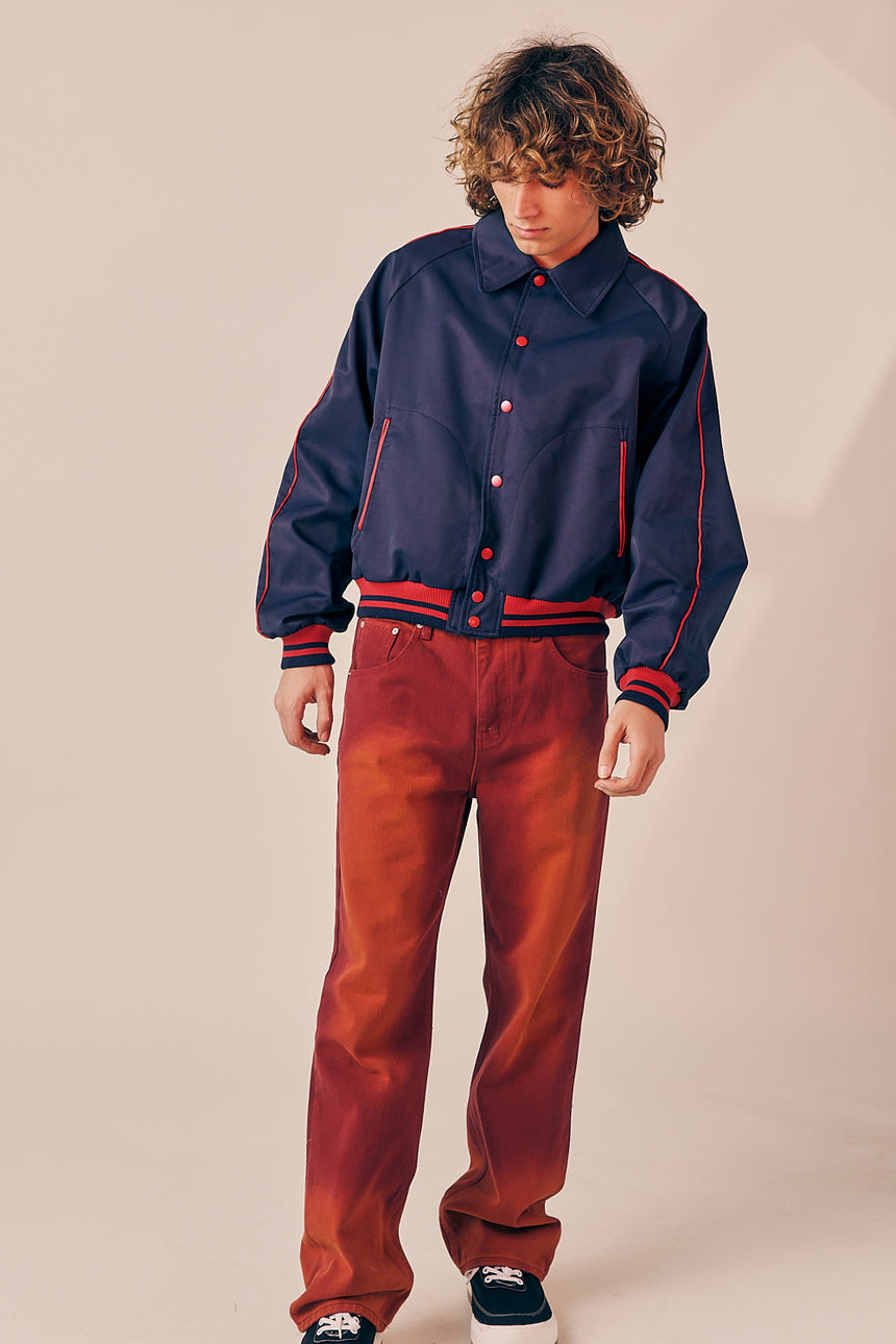 Piping Contrast Collared Varsity Jacket