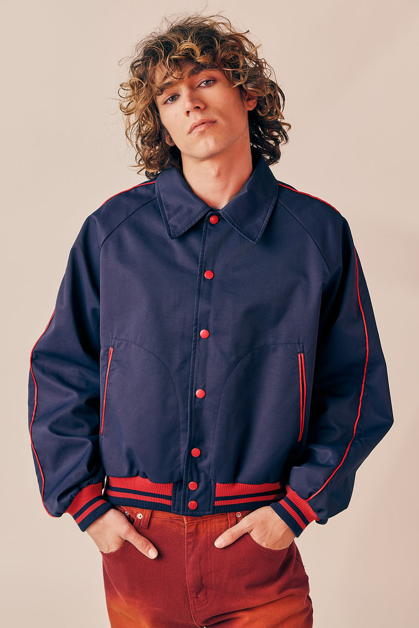Piping Contrast Collared Varsity Jacket