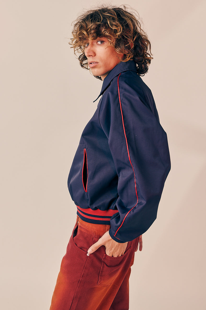 Piping Contrast Collared Varsity Jacket