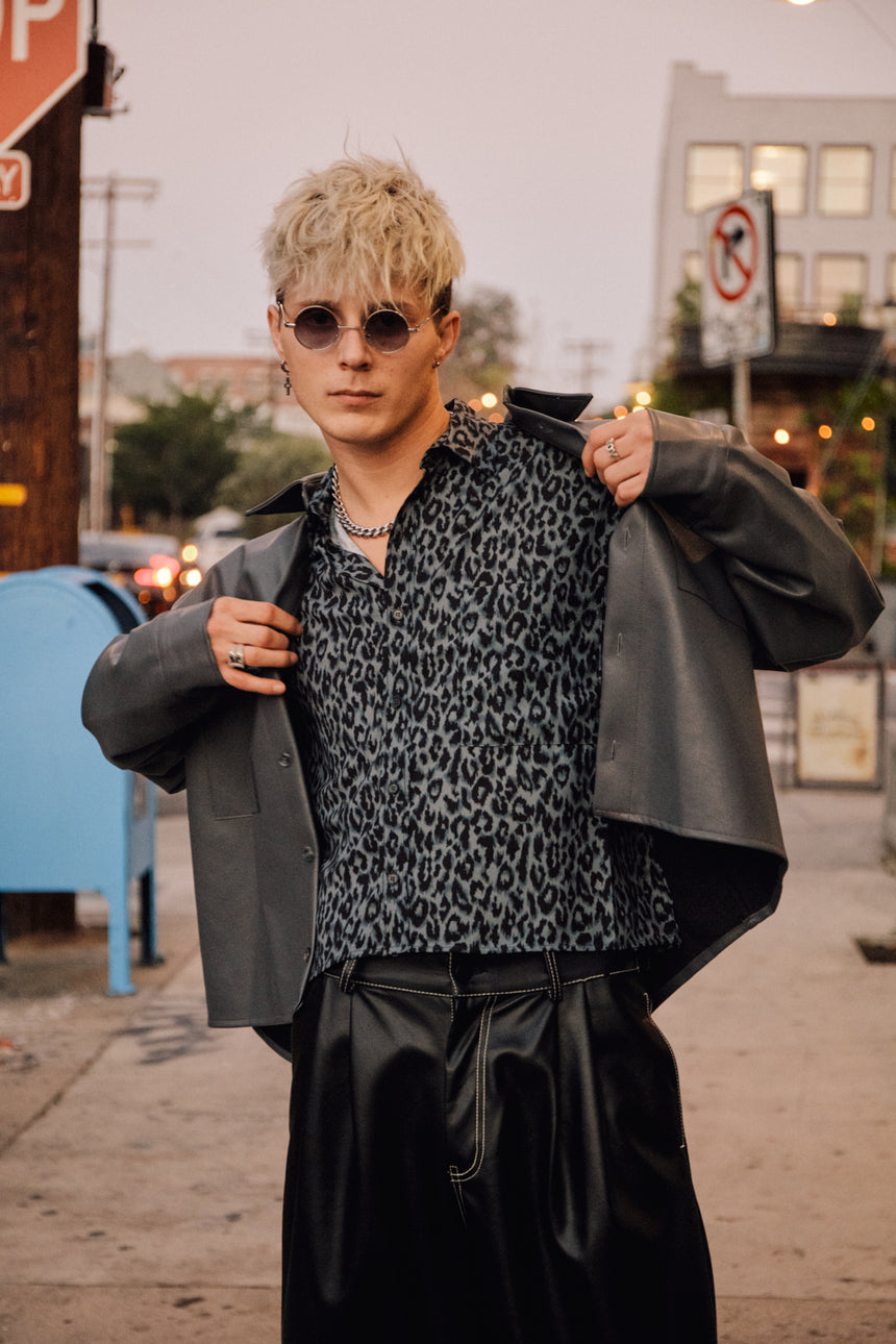 Faux Leather Front Pocketed Crop Shirts