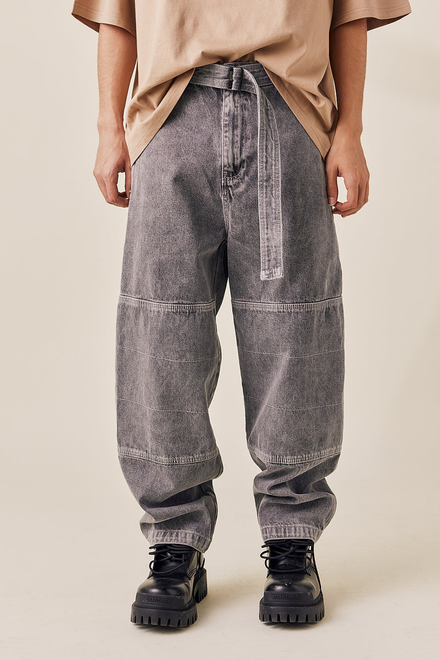 Pre-Wash Belted Denim Wide Pants