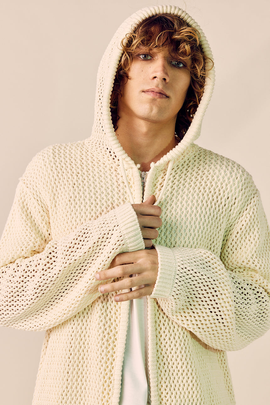 Mesh Zip-Up Hooded Pullover Cardigan