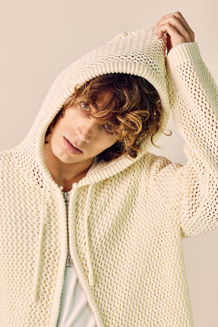 Mesh Zip-Up Hooded Pullover Cardigan