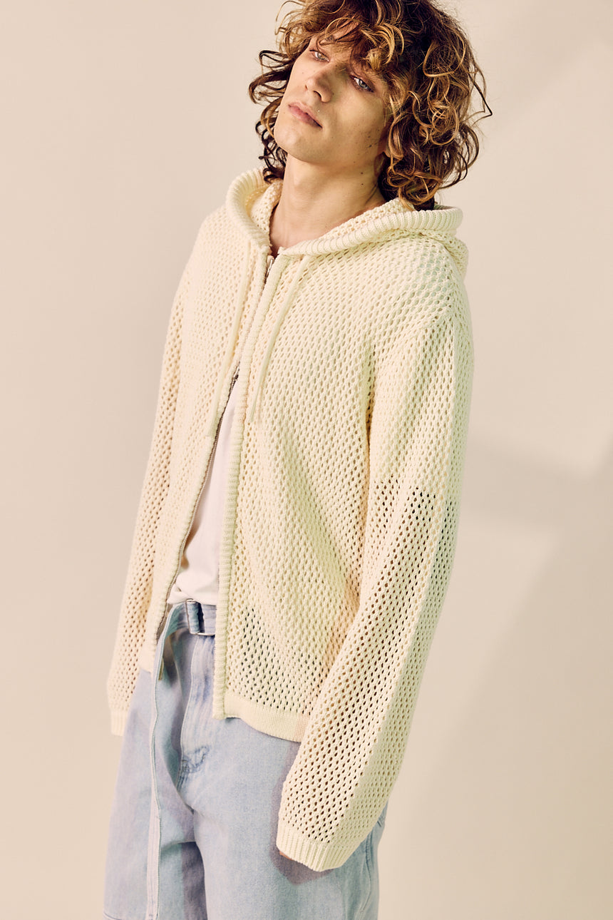 Mesh Zip-Up Hooded Pullover Cardigan