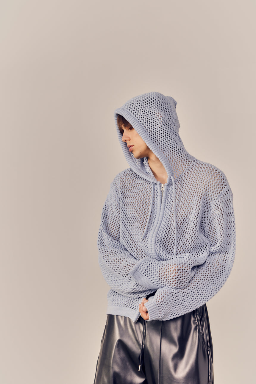 Mesh Zip-Up Hooded Pullover Cardigan