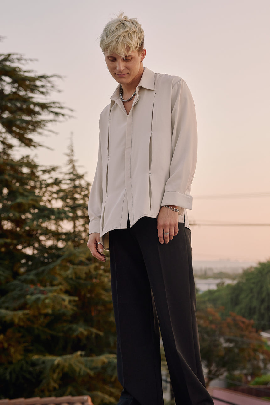 Pintuck Stitched Silky Collared Shirts