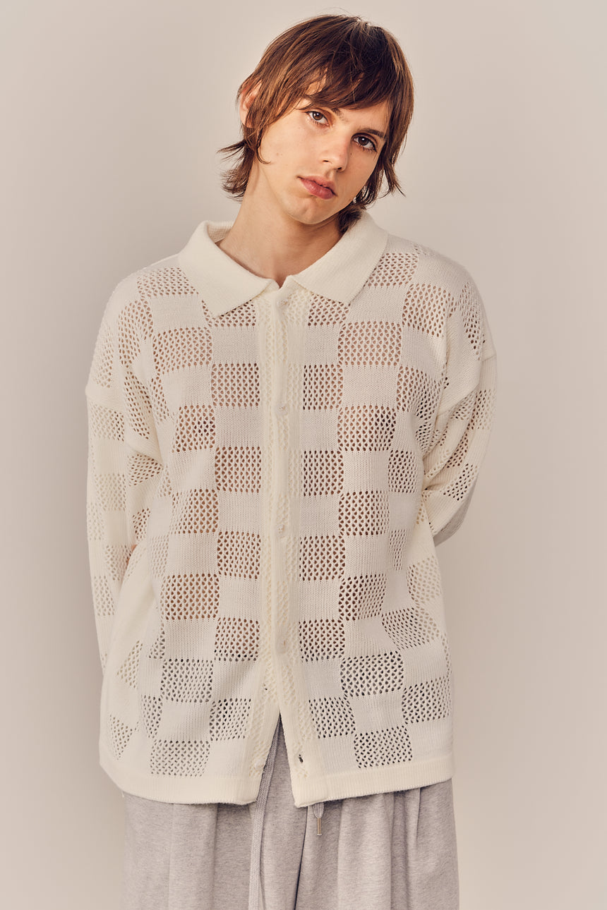 Checkered Knit Mesh Button Up Cardigan